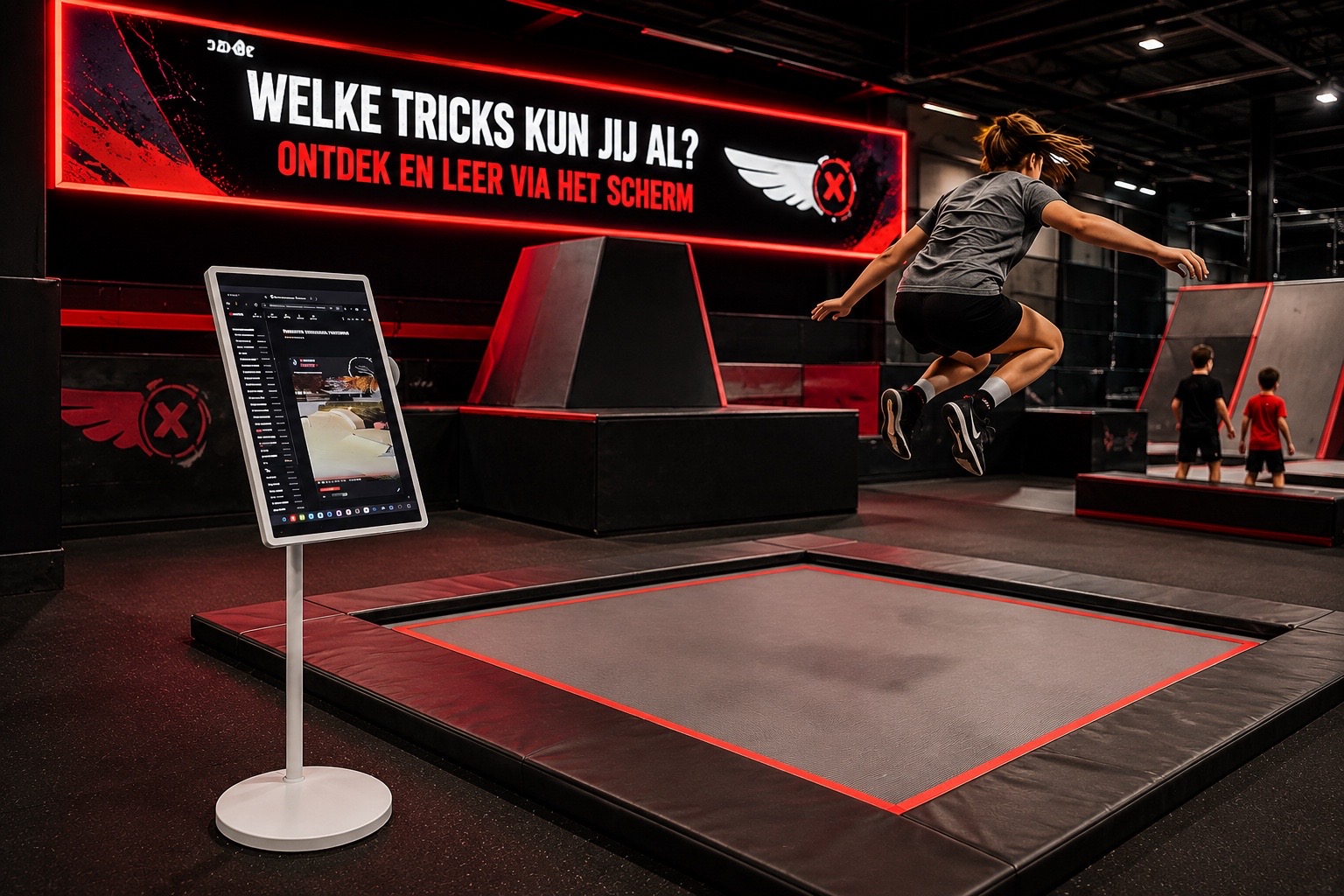 Reexz interactief scherm naast trampoline met springer in actie
